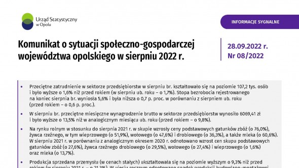 Komunikat o sytuacji społeczno-gospodarczej województwa opolskiego - sierpień 2022