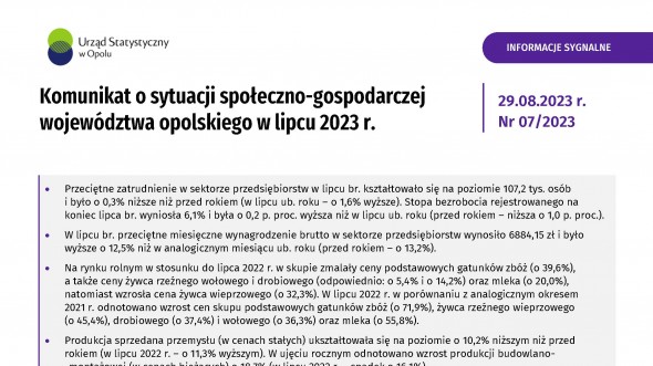 Komunikat o sytuacji społeczno-gospodarczej województwa opolskiego - lipiec 2023