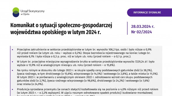 Komunikat o sytuacji społeczno-gospodarczej województwa opolskiego - luty 2024